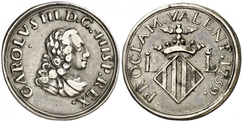 1759. Carlos III. Valencia. Medalla de Proclamación. (Boada 21) (Ha. 46) (Cru.Me...