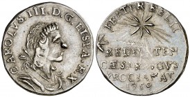 1759. Carlos III. Zaragoza. Medalla de Proclamación. (Ha. 49) (MHE. 292, mismo ejemplar) (RAH. 270-273) (Ruiz Trapero 74) (V. 675 var) (V.Q. 13033). 2...