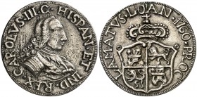 1760. Carlos III. Luján. Medalla de Proclamación. (Betts 470) (Ha. 72) (MHE. 304, mismo ejemplar) (Medina 80). 16 g. Ø35 mm. Plata fundida. No figurab...