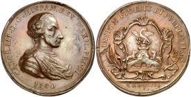 1760. Carlos III. México. Medalla de Proclamación. (Betts 473 var. metal) (Ha. 75 var. metal) (MHE. 305, mismo ejemplar) (Medina 85 var. metal) (Ruiz ...