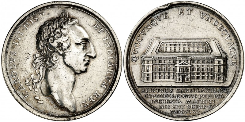 1761. Carlos III. Madrid. Inicio de las obras de la Real Casa de Correos. Medall...