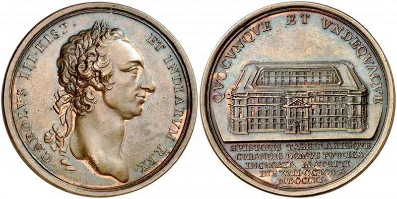 1761. Carlos III. Madrid. Inicio de las obras de la Real Casa de Correos. Medall...