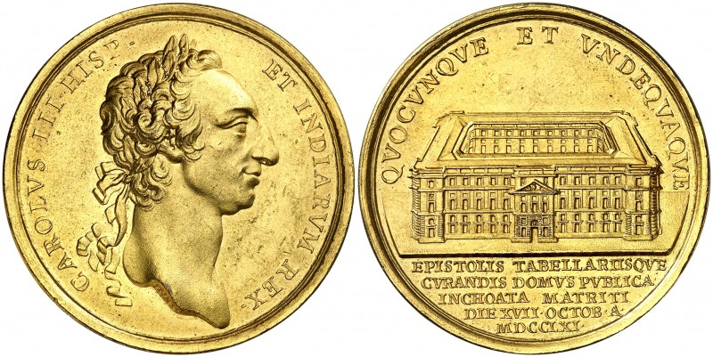 1761. Carlos III. Madrid. Inicio de las obras de la Real Casa de Correos. Medall...