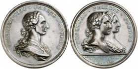 1765. Carlos III. Boda de Carlos, Príncipe de Asturias, con María Luisa de Parma. Medalla. (MHE. 318, mismo ejemplar) (RAH. 301-302 var. metal) (Ruiz ...