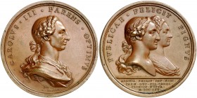 1765. Carlos III. Boda de Carlos, Príncipe de Asturias, con María Luisa de Parma. Medalla. (MHE. 319, mismo ejemplar) (RAH. 301-302) (Ruiz Trapero 89)...