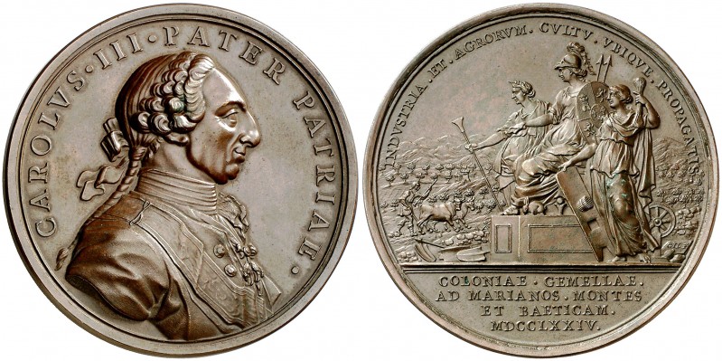1774. Carlos III. Establecimiento de las colonias de Sierra Morena. Medalla. (MH...