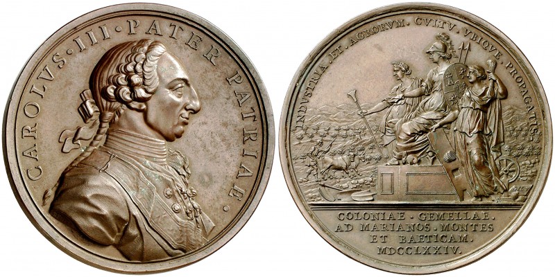 1774. Carlos III. Establecimiento de las colonias de Sierra Morena. Medalla. (MH...