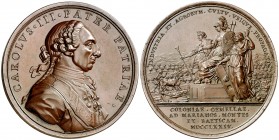 1774. Carlos III. Establecimiento de las colonias de Sierra Morena. Medalla. (MHE. 349, mismo ejemplar) (RAH. 306) (Ruiz Trapero 90) (V. 46) (Villena ...