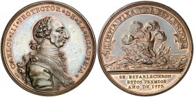 1777. Carlos III. Premios de la Academia de la Lengua. Medalla. (MHE. 356, mismo ejemplar) (RAH. 311) (Ruiz Trapero 94 var. metal) (V. 48 var. metal) ...