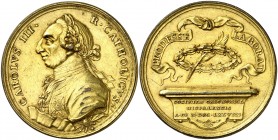 1778. Carlos III. Premio de la Real Sociedad Económica Sevillana de Amigos del País. Medalla. (MHE. 361, mismo ejemplar) (RAH. 318) (Ruiz Trapero 100-...