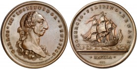 1782. Carlos III. Premio de la Sociedad de Manila al Comercio. Medalla. (MHE. 372, mismo ejemplar) (Ruiz Trapero 109 var. metal) (V. 56 var. metal). 5...