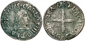 1789. Carlos IV. Almería. Medalla de Proclamación. (Ha. 6) (V.Q. 13068). 4,20 g. Ø23 mm. Plata fundida. Rara. MBC.