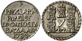 1789. Carlos IV. Baza. Medalla de Proclamación. (Ha. 14) (V.Q. 13076). 5,29 g. Ø26 mm. Plata fundida. Ex Colección Jordana de Pozas. No figuraba en la...