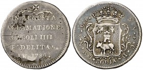 1789. Carlos IV. Borja. Medalla de Proclamación. (Ha. 15) (Ruiz Trapero 131) (V. 685) (V.Q. 13077). 4,58 g. Ø23 mm. Plata. Ex Colección Jordana de Poz...