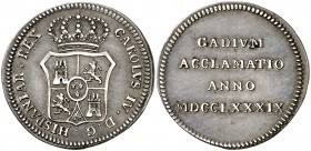 1789. Carlos IV. Cádiz. Medalla de Proclamación. (Ha. 18) (Ruiz Trapero 133) (V. 76) (V.Q. 13080). 6,72 g. Ø28 mm. Plata. MBC+.