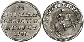 1789. Carlos IV. Calatayud. Medalla de Proclamación. (Ha. 20) (Ruiz Trapero 135) (V. 687) (V.Q. 13082). 5,73 g. Ø28 mm. Plata fundida. Ex Colección Br...
