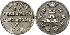 1789. Carlos IV. Cartagena. Medalla de Proclamación. (Ha. 24) (V.Q. 13088). 6,60 g. Ø26 mm. Plata fundida. Ex Colección Jordana de Pozas. Rara. MBC+....
