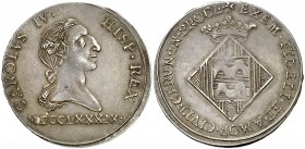1789. Carlos IV. Girona. Medalla de Proclamación. (Boada 28) (Ha. 32) (RAH. 339) (V.Q. 13094). 7,76 g. Ø32 mm. Plata. Grabador: J. Daroca. Bella. Ex Á...