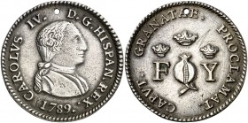 1789. Carlos IV. Granada. Medalla de Proclamación. (Ha. 36) (V.Q. 13098). 23,16 g. Ø43 mm. Plata fundida. Perforación. Rayitas. Ex Colección Jordana d...