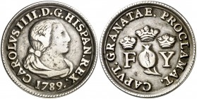 1789. Carlos IV. Granada. Medalla de Proclamación. (Ha. 37) (Ruiz Trapero 139) (V. 688, mal descrita). 12,74 g. Ø38 mm. Plata fundida. Ordinal IIII. E...