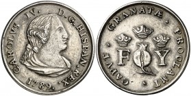 1789. Carlos IV. Granada. Medalla de Proclamación. (Ha. 39) (V.Q. 13100). 11,78 g. Ø35 mm. Plata fundida. Ordinal IV. Ex Colección Breogán, Áureo 22/1...