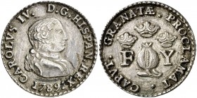 1789. Carlos IV. Granada. Medalla de Proclamación. (Ha. 42) (Ruiz Trapero 141) (V. 689 var) (V.Q. 13101 var. busto). 5,87 g. Ø29 mm. Plata fundida. (E...