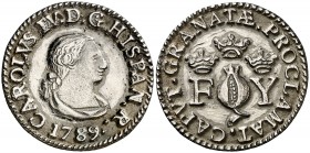 1789. Carlos IV. Granada. Medalla de Proclamación. (Ha. 43) (RAH. 342) (Ruiz Trapero 140) (V. 81) (V.Q. 13102). 4,06 g. Ø25 mm. Plata fundida. Ex Cole...