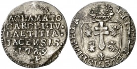 1789. Carlos IV. Jaca. Medalla de Proclamación. (Ha. 48 var. leyenda) (V.Q. 13105). 2,37 g. Ø20 mm. Plata fundida. Ex Áureo 02/06/2004, nº 788. No fig...