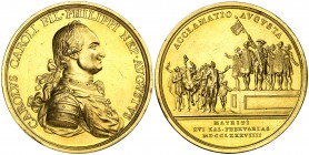 1789. Carlos IV. Madrid. Medalla de Proclamación. (Ha. 62 var. metal) (Ruiz Trapero 145 var. metal) (V. 84 var. metal) (V.Q. 13115). 141,19 g. Ø55 mm....