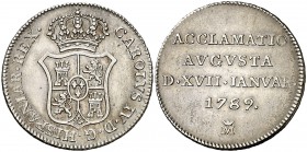 1789. Carlos IV. Madrid. Medalla de Proclamación. (Ha. 64) (RAH. 349-353) (Ruiz Trapero 146) (V. 87) (V.Q. 13119). 5,89 g. Ø26 mm. Plata. MBC+.