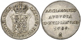 1789. Carlos IV. Madrid. Medalla de Proclamación. (Ha. 65) (RAH. 354-359) (Ruiz Trapero 147-148) (V. 88) (V.Q. 13120). 2,80 g. Ø20 mm. Plata. MBC+.