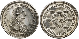 1789. Carlos IV. Murcia. Medalla de Proclamación. (Ha. 78) (RAH. 380) (Ruiz Trapero 160) (V.Q. 13132). 4,10 g. Ø23 mm. Plata. Grabador: M. Peleguer y ...