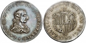 1789. Carlos IV. Palma de Mallorca. Medalla de Proclamación. (Boada 41) (Ha. 83) (V.Q. 13135). 6,17 g. Ø26 mm. Plata. Grabador: J. Bonnín. Rayitas. He...