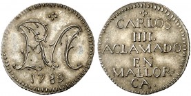 1789. Carlos IV. Palma de Mallorca. Medalla de Proclamación. (Boada 44) (Ha. 84) (V.Q. 13136). 1,78 g. Ø17 mm. Plata. Grabador: J. Bonnín. Bella. Bril...
