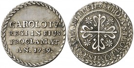 1789. Carlos IV. Sanlúcar de Barrameda. Colegio de Santo Tomás. Medalla de Proclamación. (Ha. 92) (Ruiz Trapero 169) (V. 97) (V.Q. 13143). 3,12 g. Ø20...