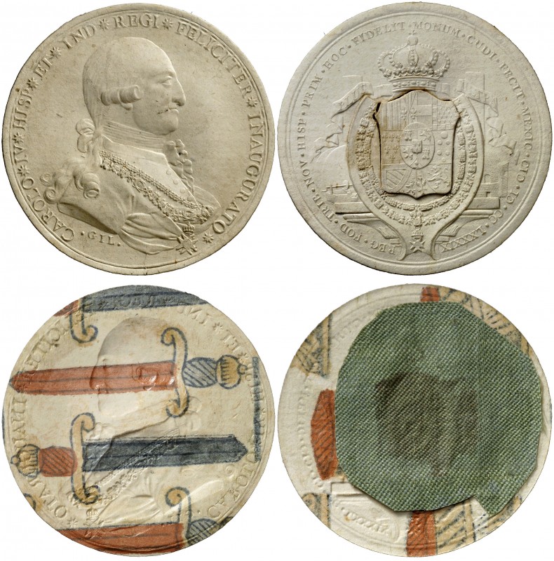 1789. Carlos IV. México. La Minería. Pruebas de anverso y reverso sobre sendas c...