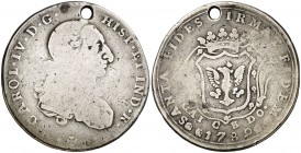 1789. Carlos IV. Santa Fe de Bogotá. Medalla de Proclamación. (Ha. 215) (Medina 253) (V.Q. 13245). 13,63 g. Ø33 mm. Plata. Perforación. Ex Áureo 17/04...