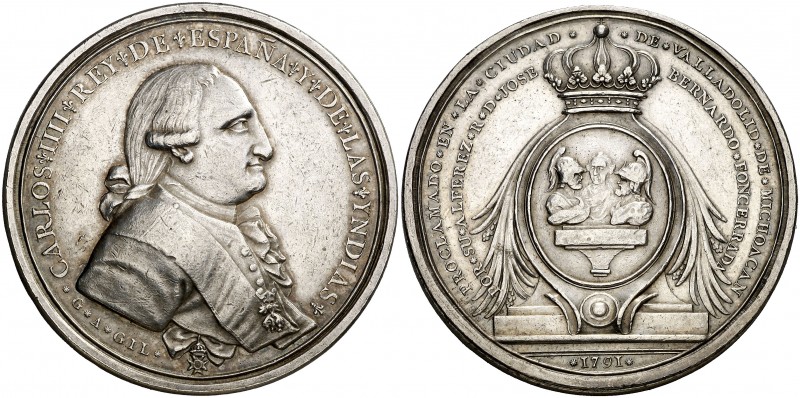 1791. Carlos IV. Valladolid de Michoacán. Medalla de Proclamación. (Ha. 227) (Me...