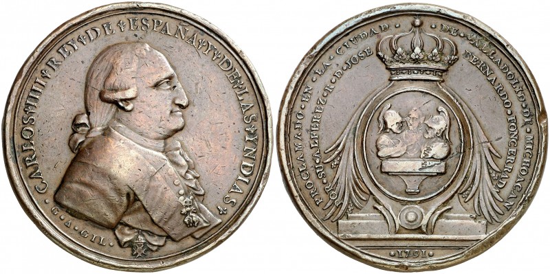 1791. Carlos IV. Valladolid de Michoacán. Medalla de Proclamación. (Ha. 227 var....