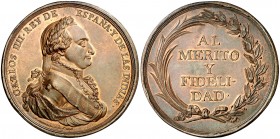 1806. Carlos IV. Premio al Mérito y la Fidelidad. Medalla. (Medina Col. 39) (Grohe C-283). 79,51 g. Ø60 mm. Bronce. Grabador: F. Gordillo. Bella. Part...