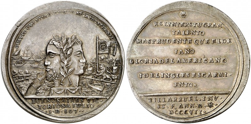 1807. Carlos IV. Segundo ataque inglés a Buenos Aires. Medalla. (Medina Col. 45)...