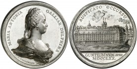 1770. Austria. José II. Llegada de María Antonieta a Gunzburgo. Medalla. (MHE. 491, mismo ejemplar). 20,24 g. Ø45 mm. Metal blanco. Grabadores: A. Gui...