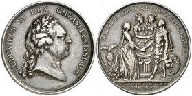 1770. Francia. Luis XV. Matrimonio del Delfín con María Antonieta de Austria. Medalla. (MHE. 593, mismo ejemplar) (Musée Monétaire 148B). 23,89 g. Ø38...