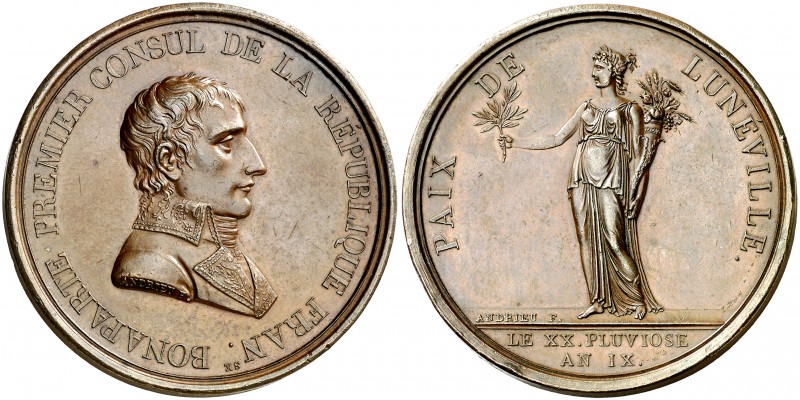 1801. Francia. Napoleón Bonaparte. Paz de Lunneville. Medalla. (Bramsen 107) (Mi...