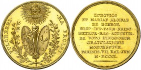 1801. Francia. Napoleón Bonaparte. Visita a París de los reyes de Etruria. Medalla. (Bramsen 151). 25,10 g. Ø40 mm. Bronce dorado. Grabador: Atribuida...