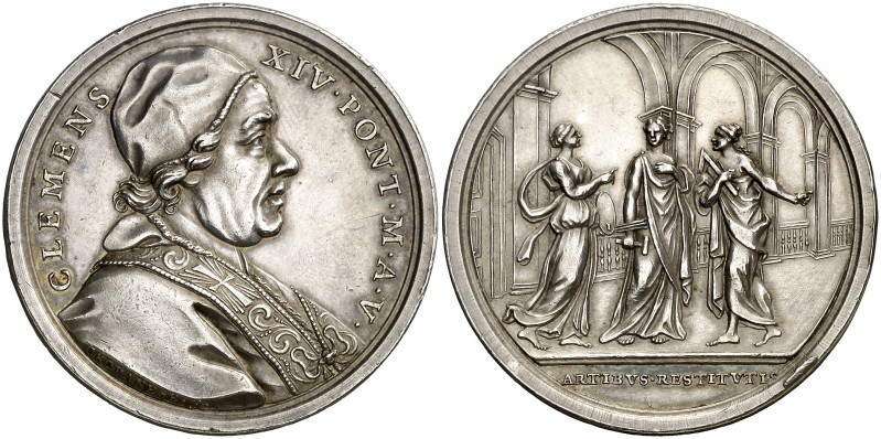 s/d (1774). Estados Pontificios. Clemente XIV. Restitución de las Artes. Medalla...