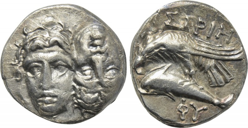 MOESIA. Istros. Drachm (4th century BC). 

Obv: Facing male heads, the right i...