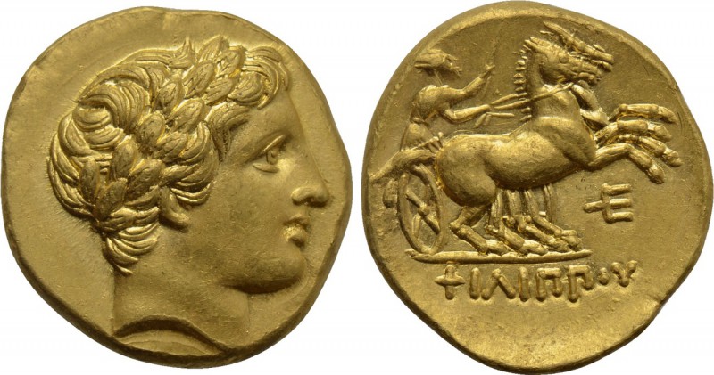 KINGS OF MACEDON. Philip II (359-336 BC). GOLD Stater. Amphipolis.

Obv: Laure...