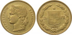 SWITZERLAND. GOLD 20 Francs (1891-B). Bern.