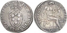 II periodo: granduca, 1588-1609. 

Mezzo giulio 1588, AR 1,50 g. FERD MED MAG – N DVX ETRVRIÆ III Stemma coronato. Rv. S IOANNE – S BATISTA S. Giova...